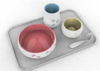 Views of the plate, bowl, cup and spoon situated on the tray