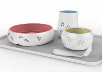 Views of the plate, bowl, cup and spoon situated on the tray