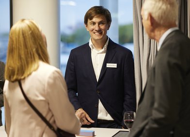 Francisco Norris, Founder of InnovationRCA start-up ZELP (Zero Emissions Livestock Project), presents the company at the launch of the RCA Battersea campus, May 2022