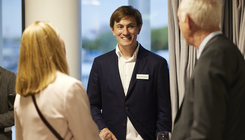 Francisco Norris, Founder of InnovationRCA start-up ZELP (Zero Emissions Livestock Project), presents the company at the launch of the RCA Battersea campus, May 2022