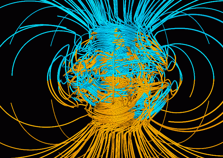 Computer simulation of the Earth's field in a period of normal polarity between reversals. The lines represent magnetic field lines, blue when the field points towards the center and yellow when away.