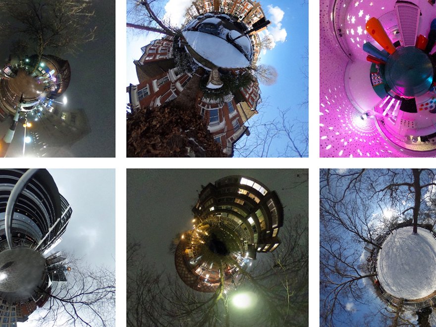 A grid of 360 degree photos of urban environments, including streets, trees and buildings.