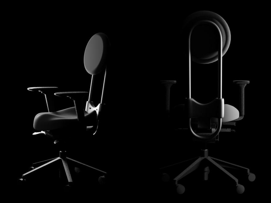 Side and rear view of the AirPoise ergonomic office chair, featuring its unique tall, curved backrest frame and circular headrest against a black background.