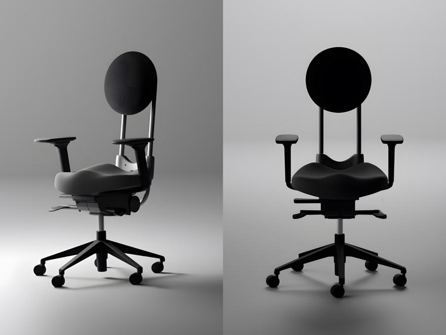 Two views of the AirPoise ergonomic office chair, showing a side profile and a front view. The chair features a distinctive circular backrest and lacks a traditional lumbar pad to encourage natural body balance.