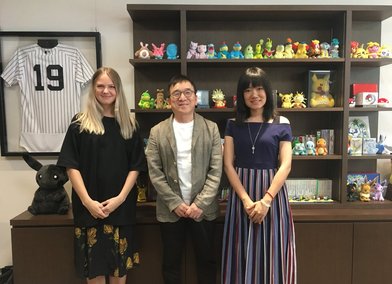 Pokémon Scholars, Ye Han and Marie Isacsson with founder of The Pokémon Company, Tsunekazu Ishihara.