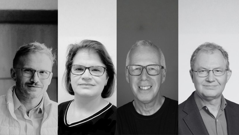 Black and white collage for upcoming IN SESSION talk including headshots of guest speakers
