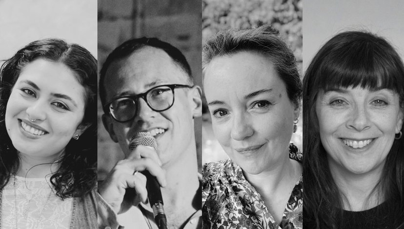 Black and white collage for upcoming IN SESSION talk including headshots of guest speakers