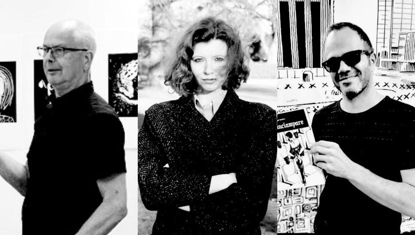 Black and white collage for upcoming IN SESSION talk including headshots of guest speakers