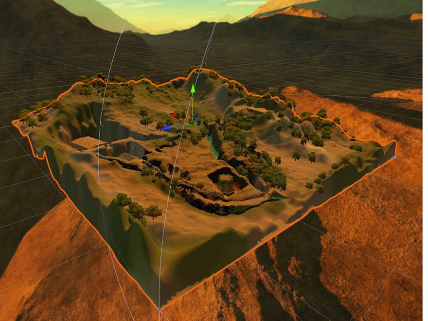 VR model of a valley floating over a mountainous background