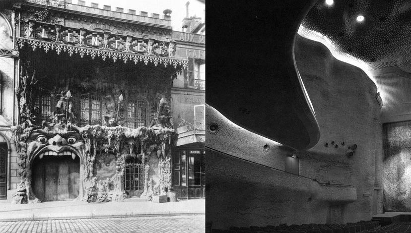 Left: ‘Nissay Theatre’: Togo Murano’s auditorium makes the room itself part of the perceptual event. Source: nissaytheatre.or.jp; Right: ‘Cabaret de l’Enfer’: a Montmartre doorway marks the threshold to another set of rules. Source: parismuseescollections