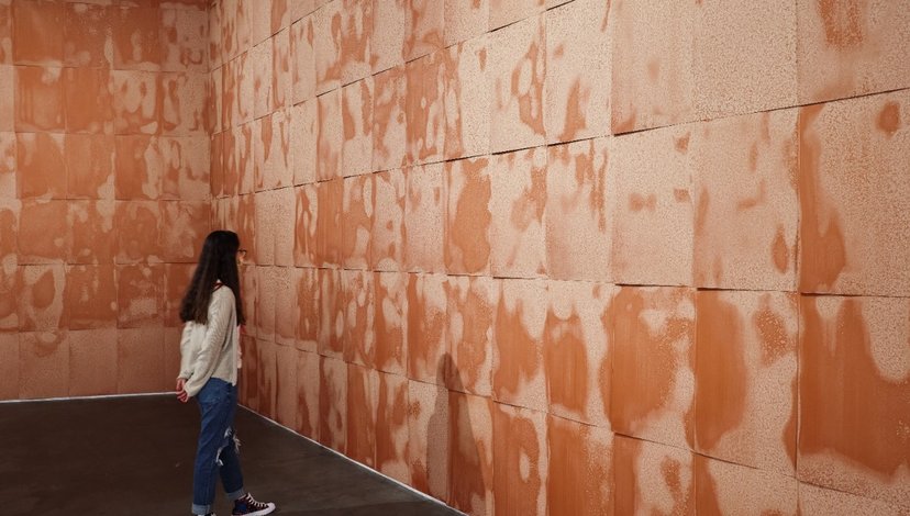 A person stands in a room with walls covered in textured, brown sheets, likely paper screen-printed with chocolate, part of Ed Ruscha's 'Chocolate Room' installation.