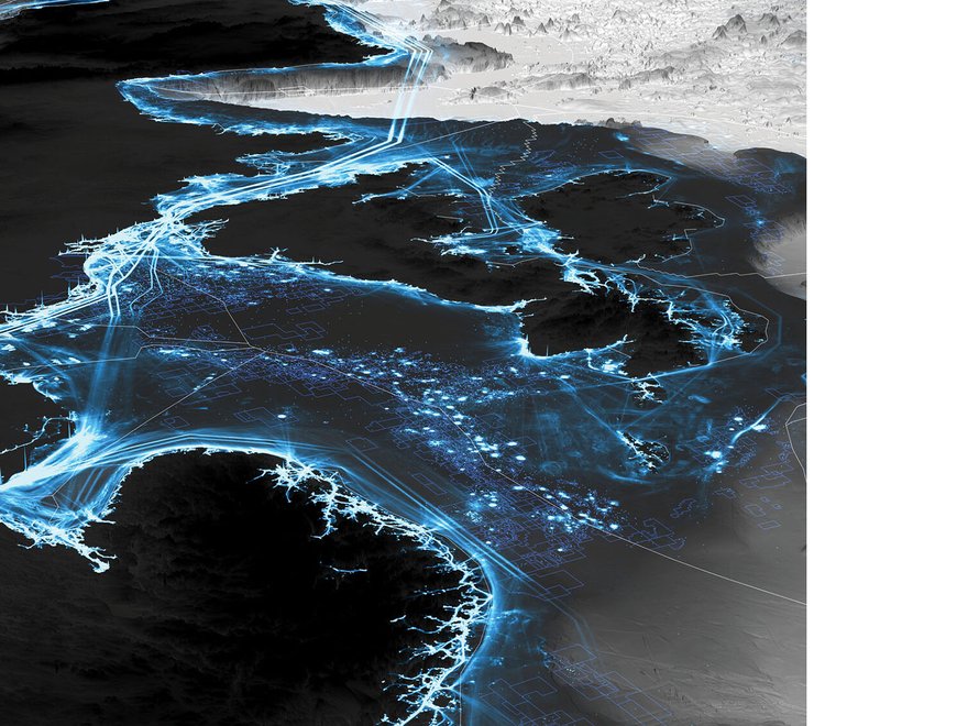 Mapped lines across a detail of the North Sea, showing the UK, Ireland, Norway and Denmark.