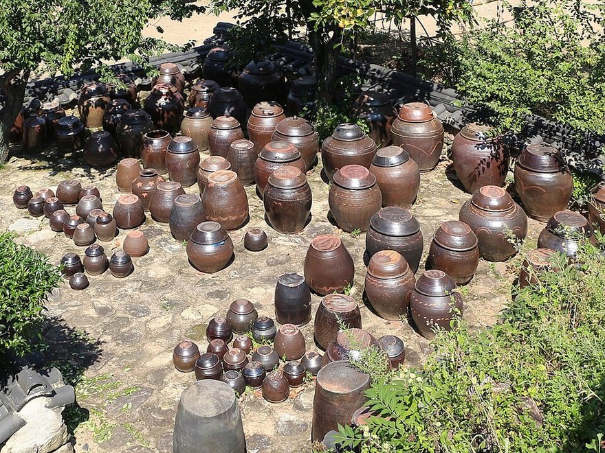 Onggi jars in South Korea fermenting kimchi, soy sauce, and pastes.