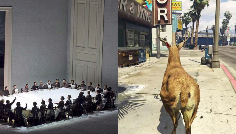 Left:“The Flying Dutchman”: a table, monumental door and painted sea reorganises the play. Source: olyrix.com; Right: Brent Watanabe’s San Andreas Deer Cam, 2015–2016. Source: The Photographer’s Guide to Los  Santos.