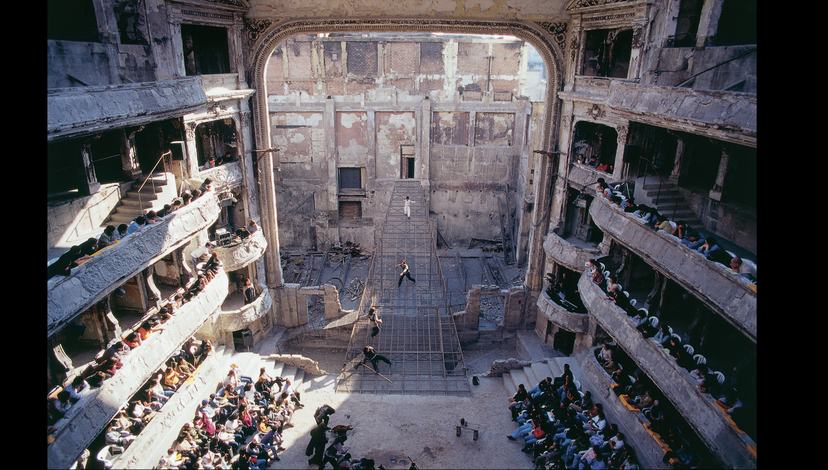 ‘King Lear, Teatro Municipal de Lima’: a steel ramp carries performance through the fire-damaged theatre. Source: hiddenarchitecture.net