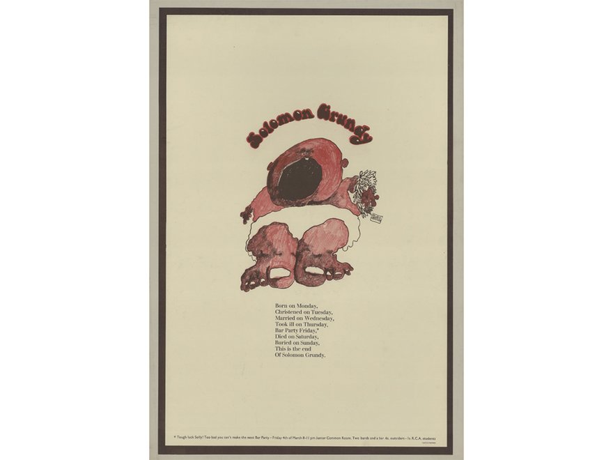 Bar Party (SU) poster, co-designed with Philip Castle and John Farman, featuring a baby and a poem about Solomun Grundy