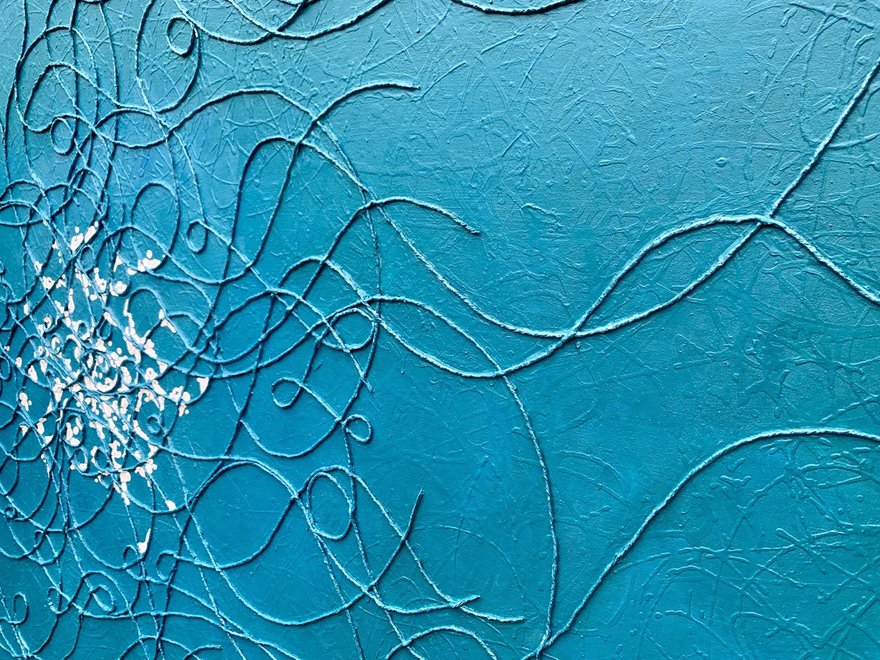 Contemporary art piece, blue swirls and white spots on a blue background