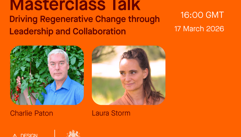Headshot of Charlie Paton and Laura Storm against an orange background