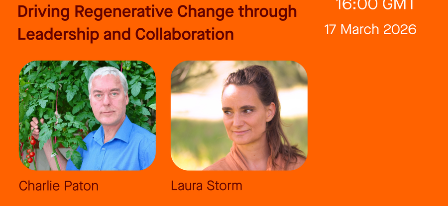 Headshot of Charlie Paton and Laura Storm against an orange background