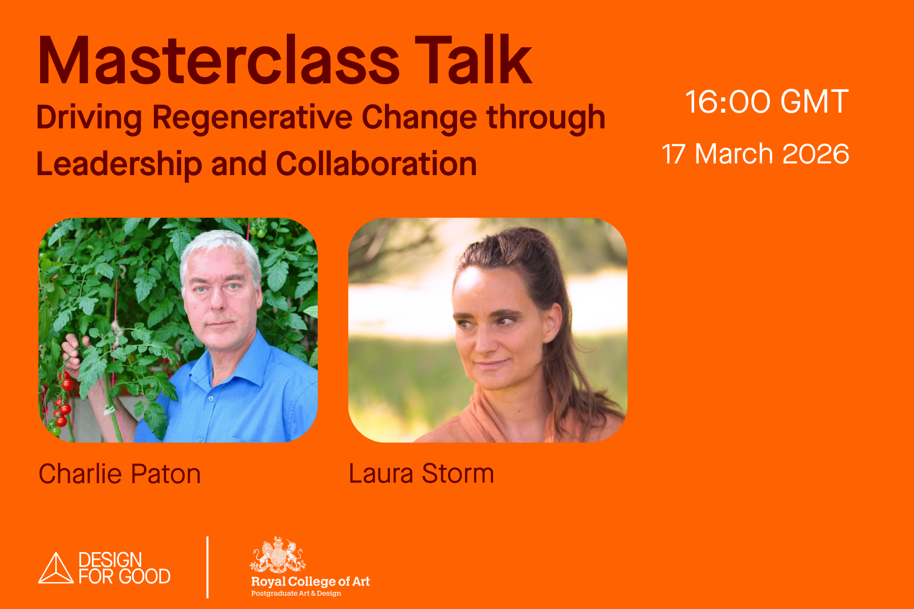 Headshot of Charlie Paton and Laura Storm against an orange background