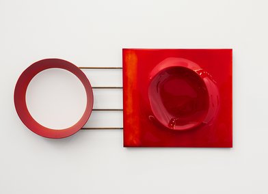 Modern sculptural work with layers of red luminous automotive paint on salvaged steel and aluminium