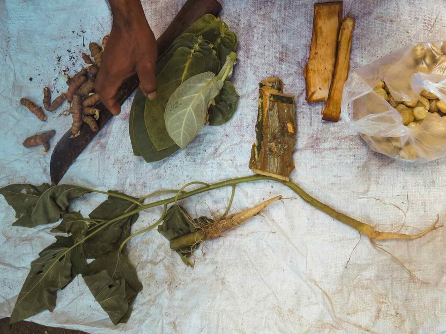 A table with various ephermera ; banana leaves, tools etc