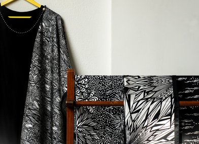 Shadows of Imagination (Full print collection), Johanna Pinto Hand painted patterns and digital printing on silk