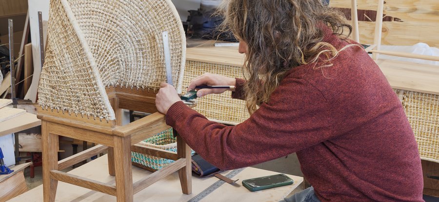 Joel Chaney (Tern360) with the prototype of the Orkney Ocean Chair at chairmaker Kevin Gauld’s workshop