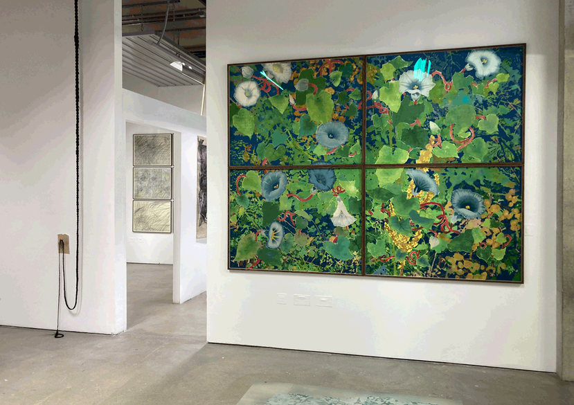 Stay a Little Longer, Morning Glory, Meadow Rue & Verbascum, variable edition of 2, woodcut and monotype on Kozuke paper, 240 x 180 cm, 2024