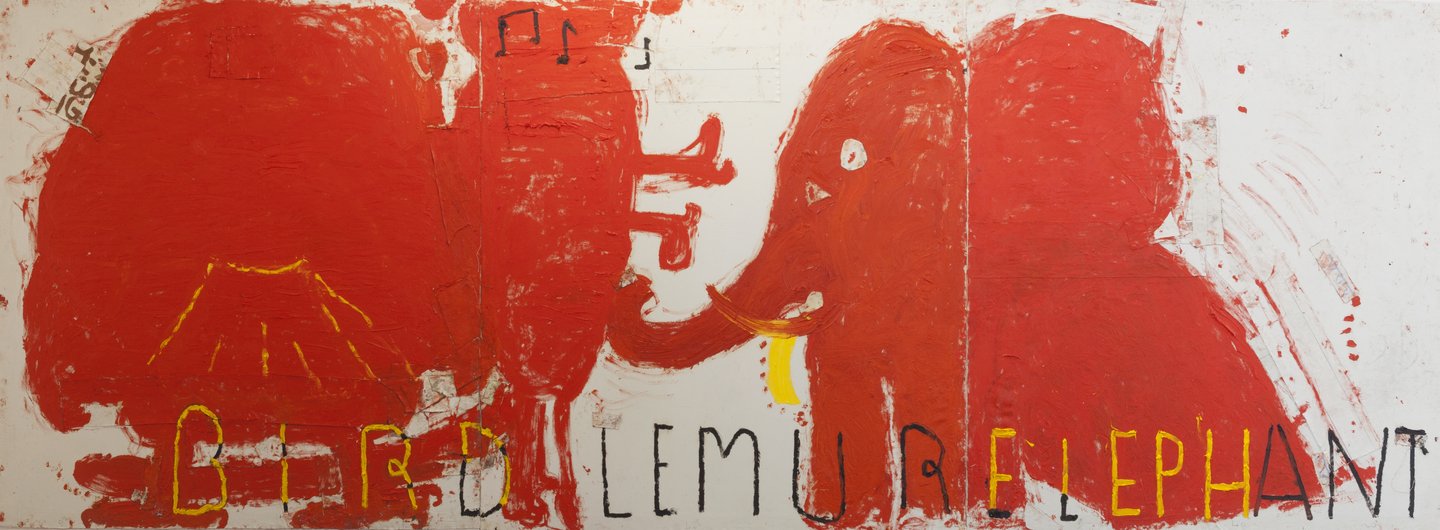Rose Wylie, Bird, Lemur and Elephant, 2016 Oil on canvas, 183 × 499 cm. Courtesy private collection and JARILAGER Gallery Photograph courtesy Jari Lager. Photo: Soon-Hak Kwon © Rose Wylie