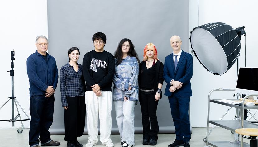 Future Stories participants photographed at the Royal College of Art Battersea campus with Professor James Coupe (left, Head of Programme, MA Photography) and Professor Christoph Lindner (right, President & Vice-Chancellor), credit RCA