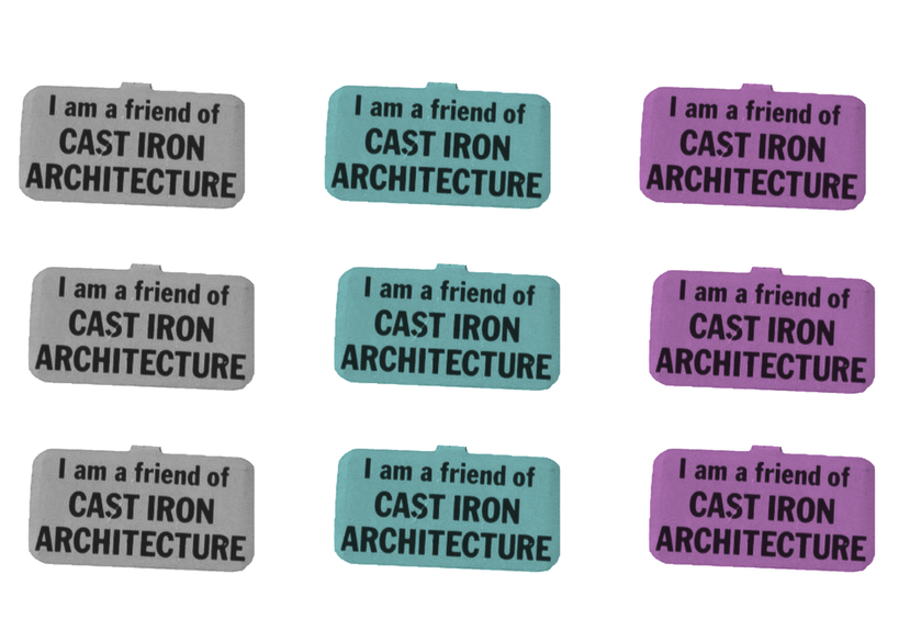 ‘Friends of Cast Iron’ pins, part of research on the activist and cast iron prophet Margot Gayle (1908-2008).