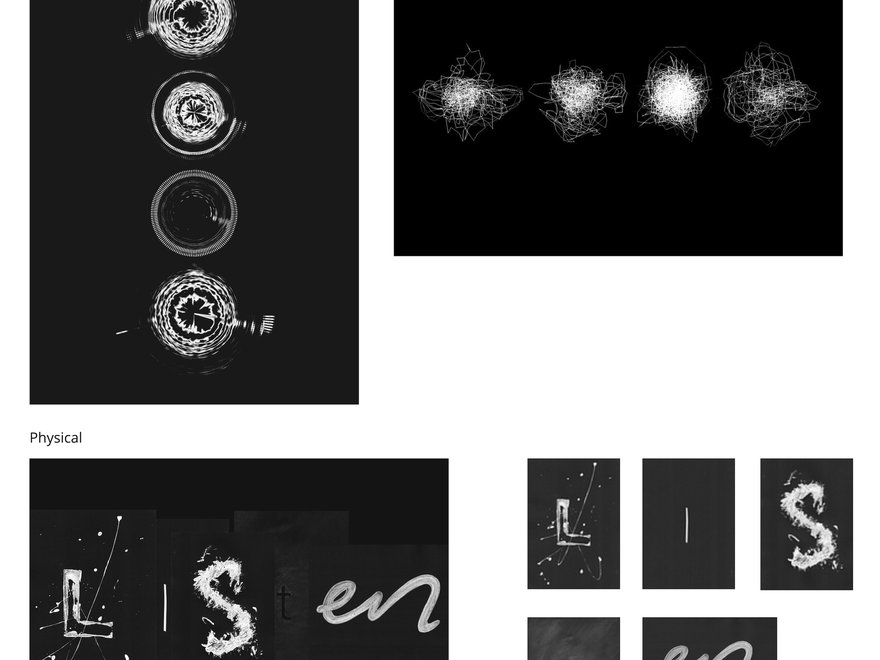 Black and white images of spirals and letters