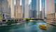 The Chicago river, flanked by skyscrapers