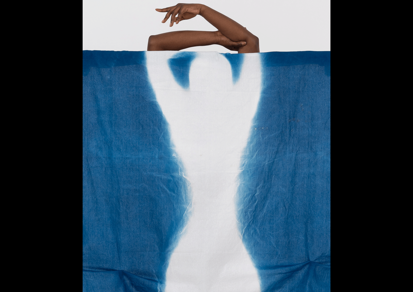 Blueprint 6: Black Skin, White mask — In-camera Cyanotype collage, Giclée print, 40x30cm, 2021