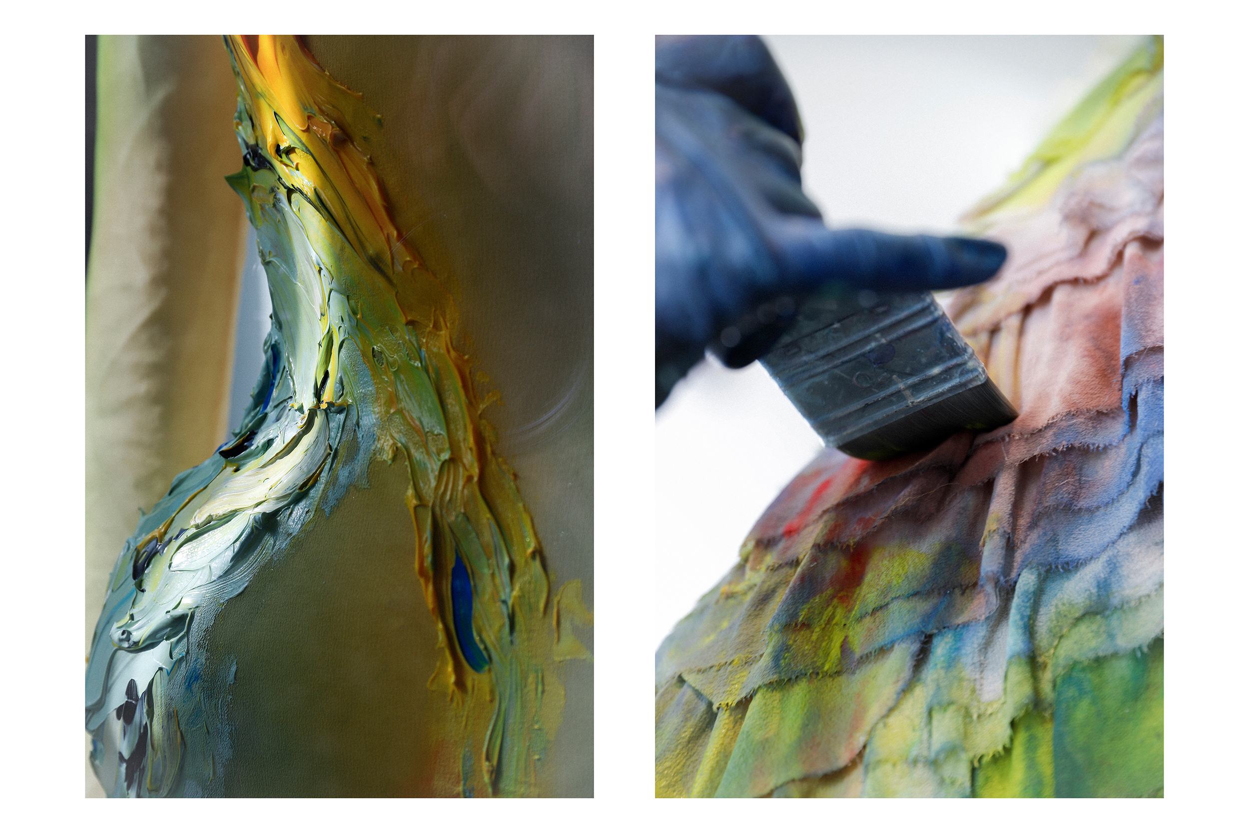 Anna Deller-Yee hand painting Mugler dress worn by Emma Chamberlain