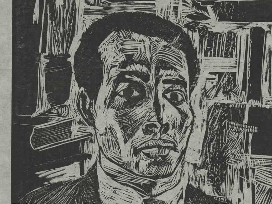 a woodcut portrait