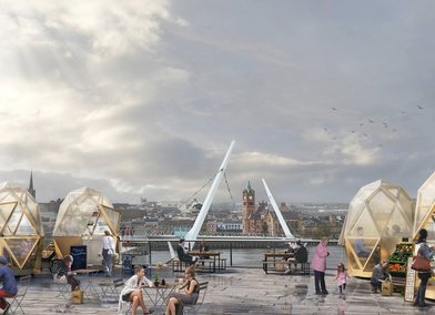 Foyle Bubbles along the River Foyle, Norther Ireland, 2018: part of an urban regeneration project to animate public space and provide opportunities for local entrepreneurs in a riverfront area known as a public health blackspot