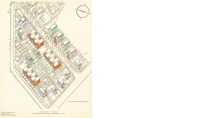 An isometric architectural drawing depicting Le Corbusier's Cité Frugès in Pessac, France. The drawing shows a residential complex with multiple buildings, some highlighted in red and green, arranged within a street layout.