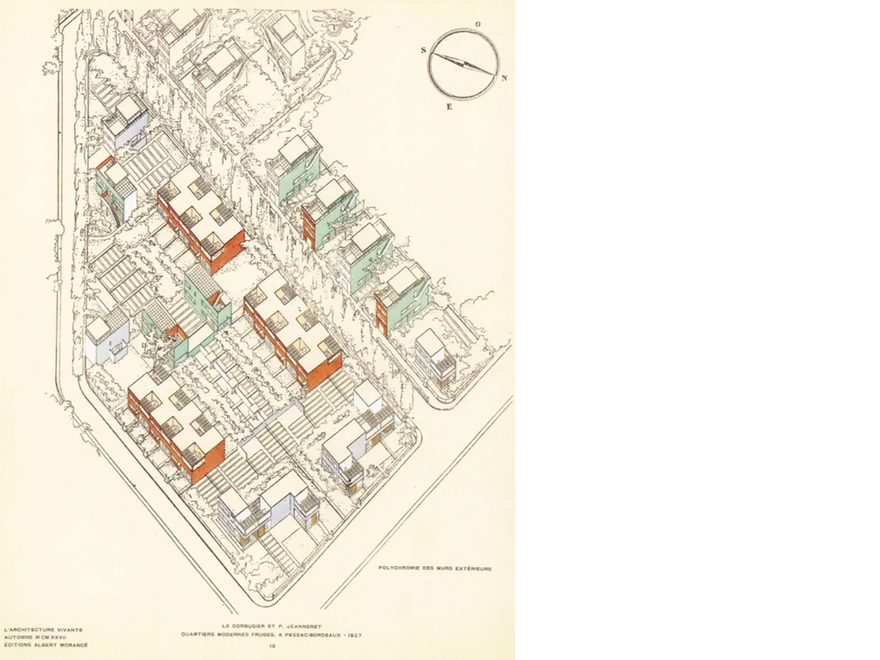 An isometric architectural drawing depicting Le Corbusier's Cité Frugès in Pessac, France. The drawing shows a residential complex with multiple buildings, some highlighted in red and green, arranged within a street layout.