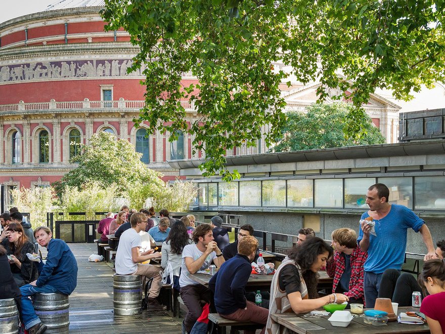Students enjoy the RCAfe terrace