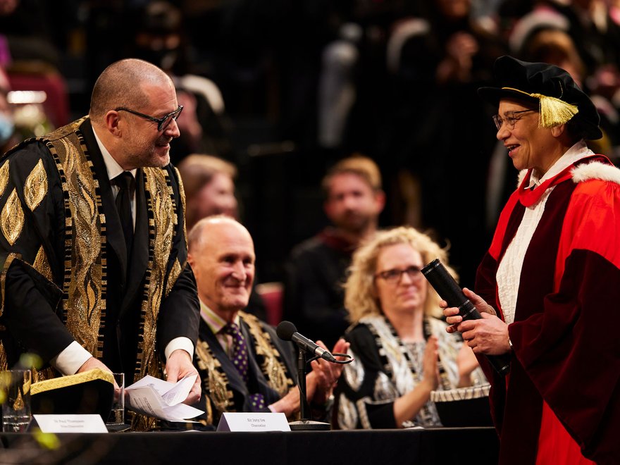 Lubaina Himid CBE receives her Honorary Doctorate from Chancellor Sir Jony Ive at Convocation 2022