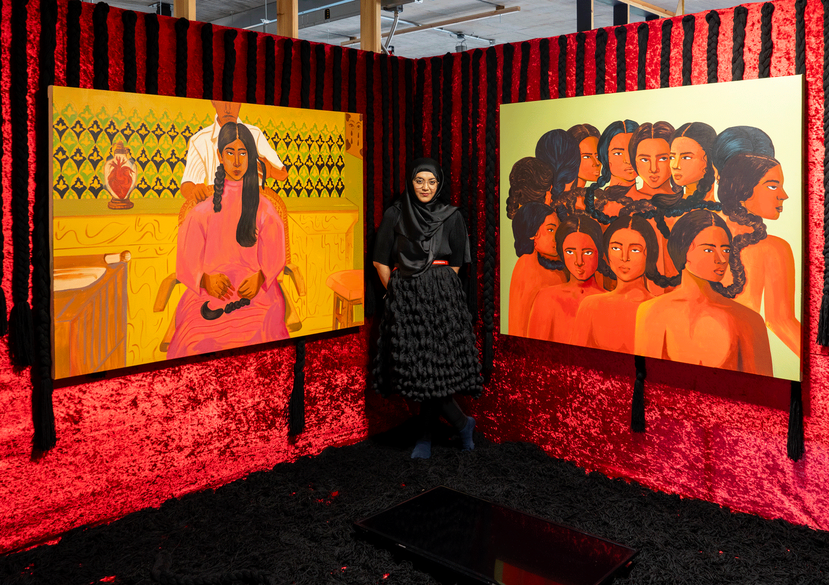 Maliha Abidi in front of her work at RCA2025