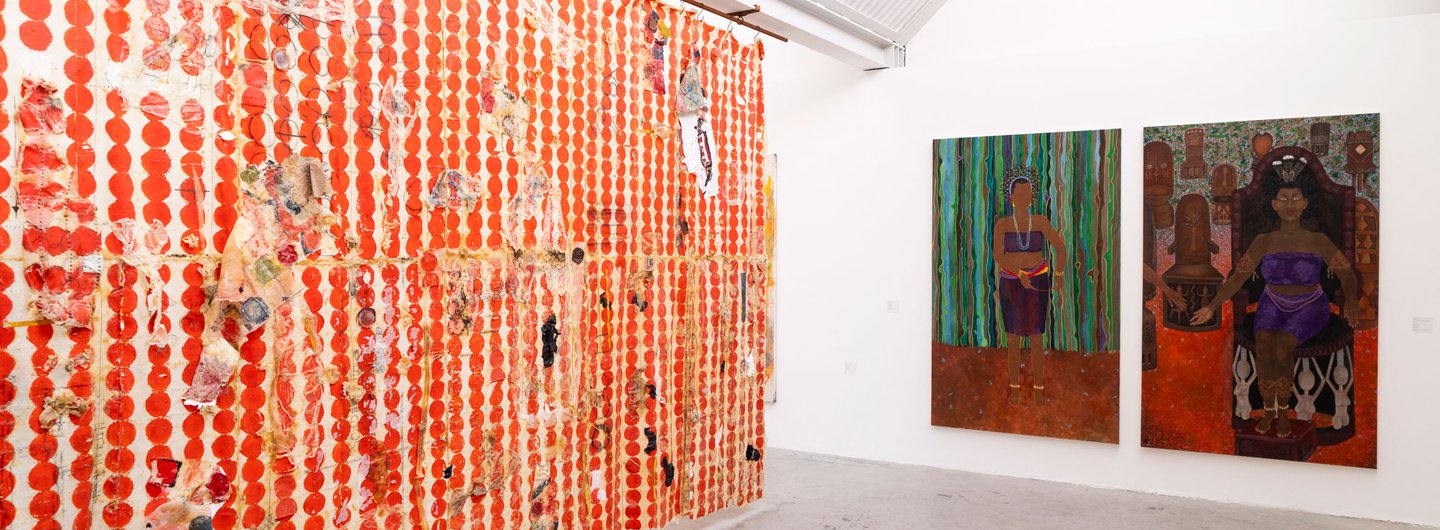 Works by Alan Patch (left) and Manyi Takor (right). MA Painting at RCA2025. Photo: Thomas Moen.