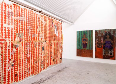 Works by Alan Patch (left) and Manyi Takor (right). MA Painting at RCA2025. Photo: Thomas Moen.