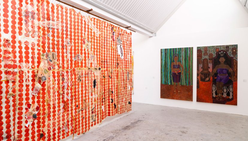 Works by Alan Patch (left) and Manyi Takor (right). MA Painting at RCA2025. Photo: Thomas Moen.