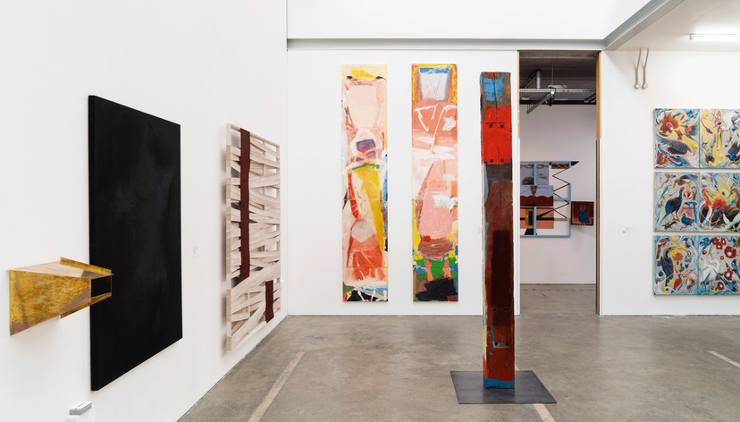 Work by Elena Shkvarkina (MA Painting, 2025) (left), Claudia Pascolini (MA Painting, 2025) (centre left), Molly van Amerongen (MA Painting, 2025) (centre), and Andres Silva V (MA Painting, 2025) (right). Photo: Thomas Moen.