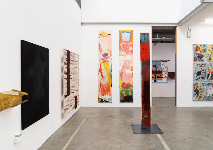Work by Elena Shkvarkina (MA Painting, 2025) (left), Claudia Pascolini (MA Painting, 2025) (centre left), Molly van Amerongen (MA Painting, 2025) (centre), and Andres Silva V (MA Painting, 2025) (right). Photo: Thomas Moen.