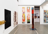 Work by Elena Shkvarkina (MA Painting, 2025) (left), Claudia Pascolini (MA Painting, 2025) (centre left), Molly van Amerongen (MA Painting, 2025) (centre), and Andres Silva V (MA Painting, 2025) (right). Photo: Thomas Moen.