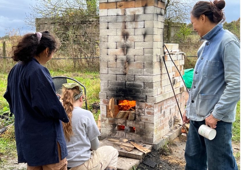 RCA students firing a downdraft kiln at Oxford Kilns for the ECLAA project, Oct 2024